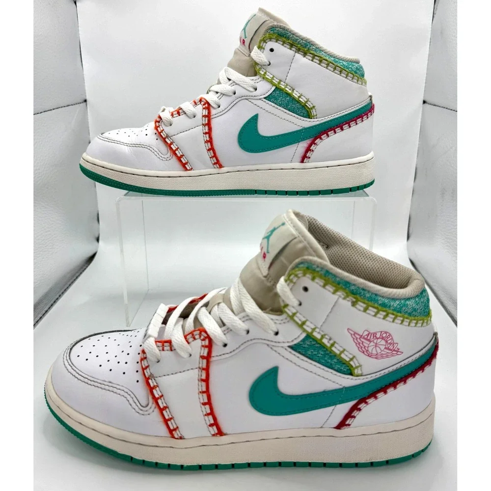 Nike Air Jordan 1 Mid SE Multi Knit White Teal Orange Sneakers Sz 6.5Y/Women 8